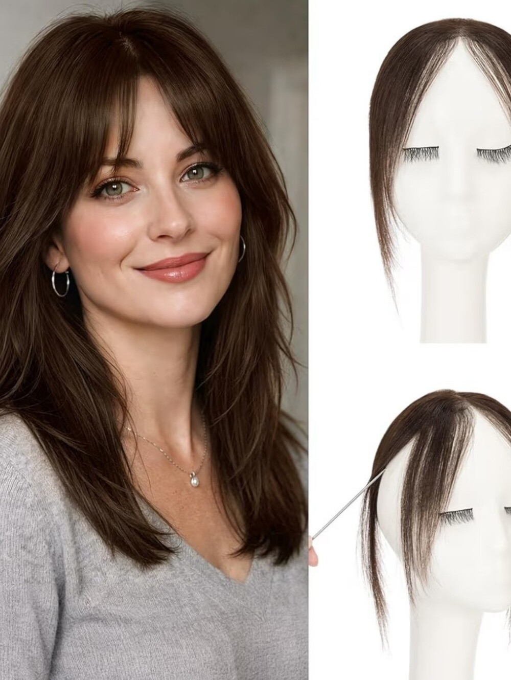 Human Hair Clip in Curtain Bangs Topper for Thinning Hair 9g 9.5" Dark Brown
